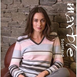 MARBLE Scotland 100% Cotton Lightweight Stripe Vee Neck Sweater Sz XL